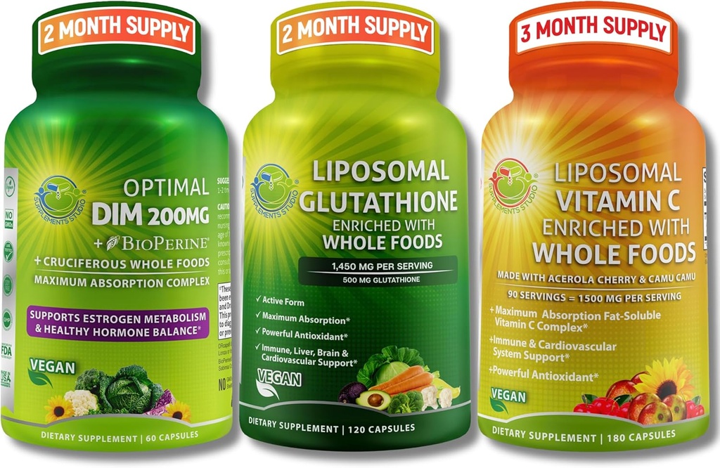 Total immun, Hormonal & Antioxidant Support Bundle for Women & Men - Liposomal Glutathione 500mg + Liposomal Vitamin C 1500mg + DIM 200mg med BioPerine ® & Crucifereous Whole Foods - Vegan & Non- GMO
