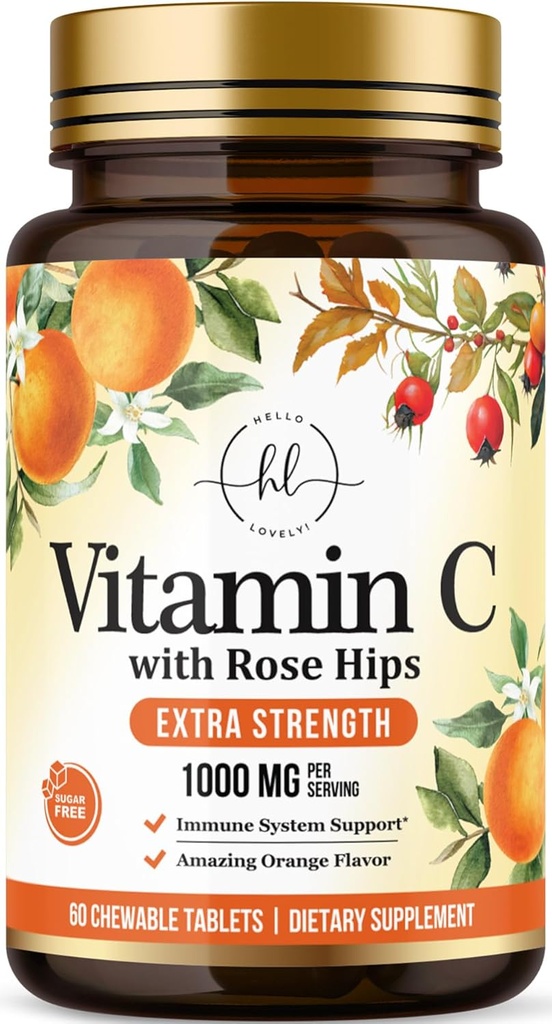 C-vitamin Supplement 1000mg - Ekstra styrke med Rose Hips Bioflavonoider - Sugar Free Vitamin C Chewable Pills, Nature 's Vit C for immunforsvar & antioxidant Protection - 60 tyggetabletter