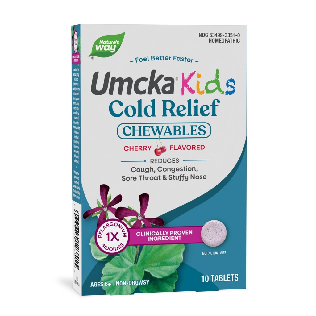 Nature 's Way Kids Cold Relief Chewables, Umcka, Age 6 +, kortere varighed og reducerer sværhedsgrad, Multi- symptom Cold Remedy, Non- Drowsy, Cherry Flavored, 10 tabletter