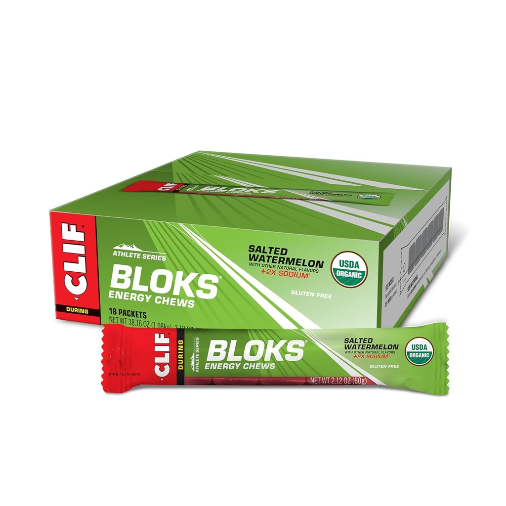 CLIF BLOKS - Saltet Watermelon Flavor med 2X Natrium - EnergiChews - Non-GMO - Plant baseret - Fast Fuel til cykling og løb - Quick Carbohydrates and Electrolytes - 2,12 oz. (18 Greve)