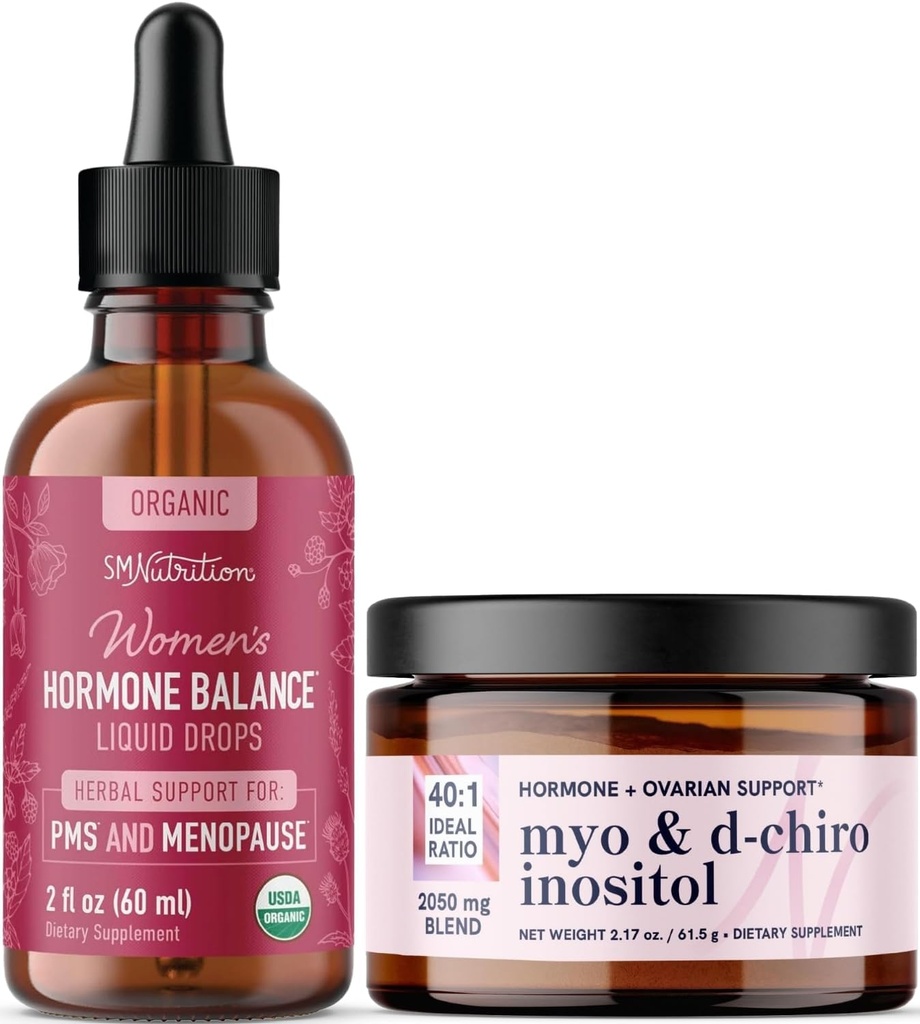 Myo- Inositol Powder Complex & Herbal Hormone Balance Tincture Memory 124; Hormonet Balancing Bundle med Myo- Inositol & D- Chiro (30 Servere) og PMS Menopause & Menstrual Support Liquid (60 Servere)