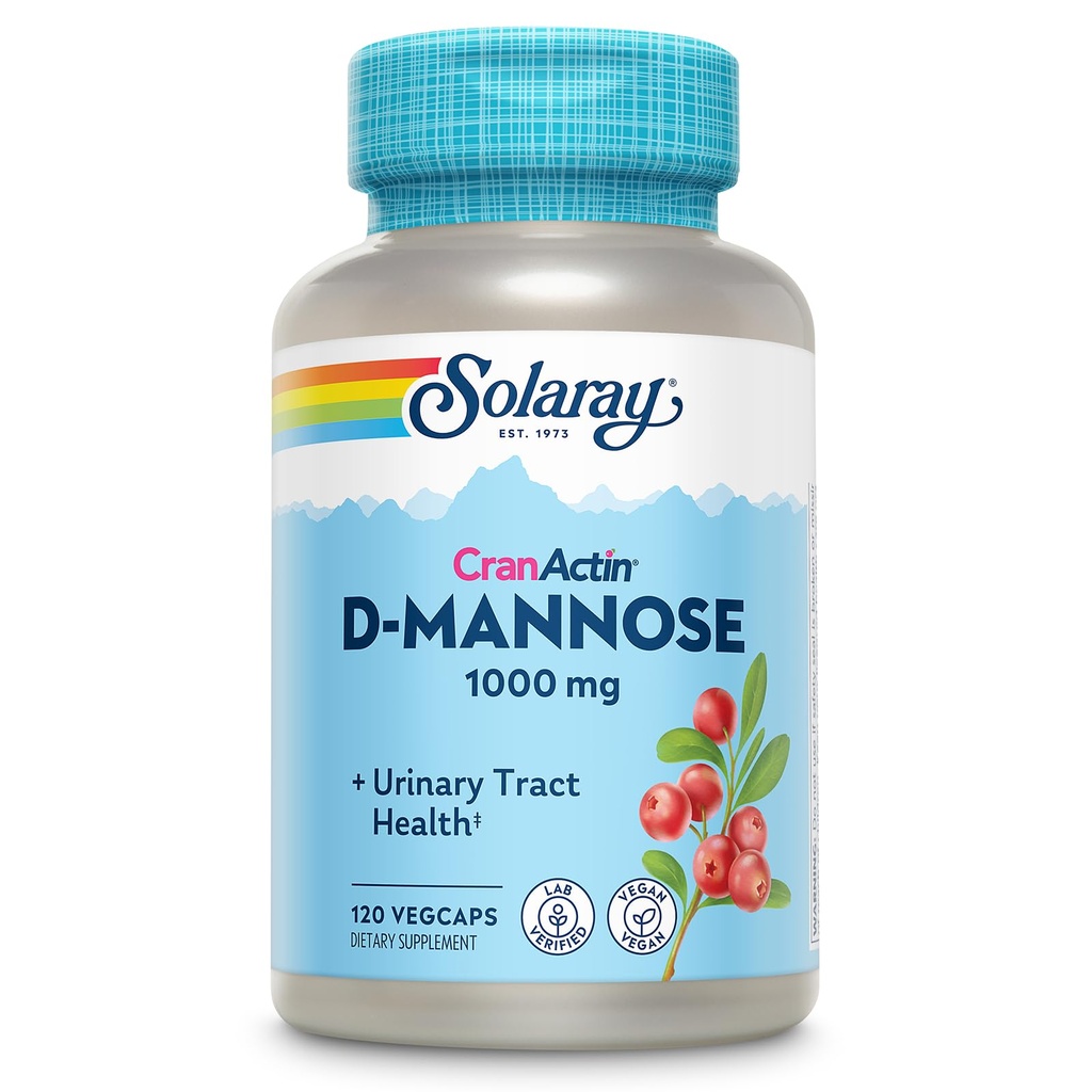 SOLARAY D- Mannose 1000mg med CranActin Cranberry Extract - D Mannose og Cranberry tillæg med C-vitamin - Understøtter urinvejssundhed - Vegan, 60- dag garanti