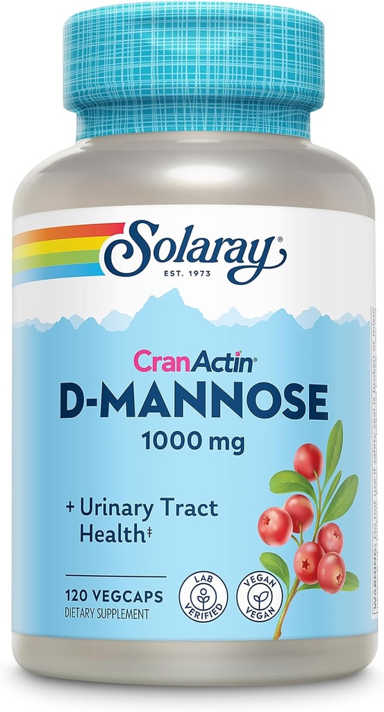 SOLARAY D- Mannose 1000mg med CranActin Cranberry Extract - D Mannose og Cranberry tillæg med C-vitamin - Understøtter urinvejssundhed - Vegan, 60- dag garanti