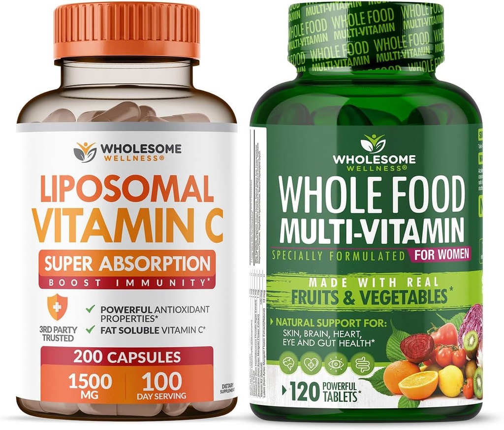 Groundome Wellness Liposomal C-vitamin kapsler (200 piller 1500mg buffered) Høj Absorption VIT C + hel mad Multivitamin til kvinder - naturlige Multi Vitamin, mineraler, Økologiske Ekstrakter Bundle