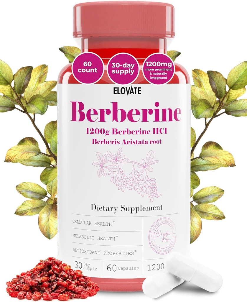 Elovate Berberine HCI Kapsler, 1200mg - All- Natural, 3rd- Party- Testet, Non-GMO & Gluten- Free Berberine Supplement for Heart & fordøjelse, 60 Counts
