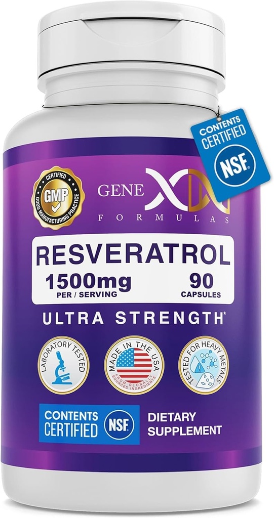 Genex Formulas Resveratrol 1500 mg Supplement for sund aldring - NSF Certificeret for sikkerhed, kvalitet og etikette Nøjagtighed - Potent antioxidant & sund aldring Formel - Gluten Free 90 Greve