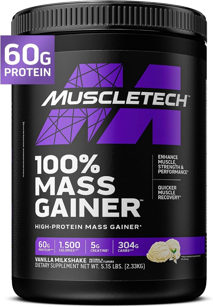 MuscleTech High Protein Mass Gainer for mænd og kvinder - Protein Powder Shakes for Weight Gain, Muscle Building & Recovery med Creatin monohydrat - Vanilla Milkshake, 5.15 Pound