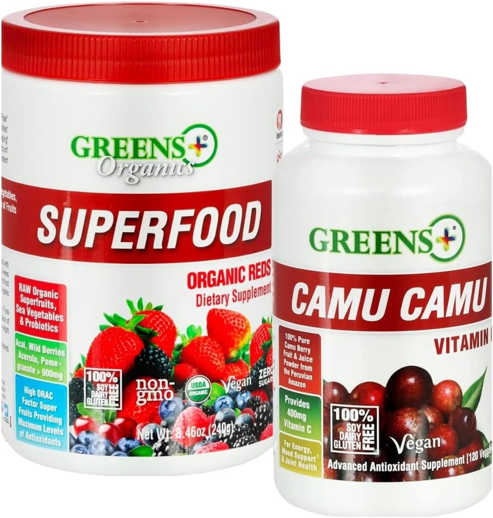 Green + Organic Red Superfood Powder Camu Camu Dietary 400mg Vitamin C SuperFruit Supplement 120 Kapsler, 100% Natural, Vitamin & Minerals, Vegan, Soy / Dairy / Gluten Free