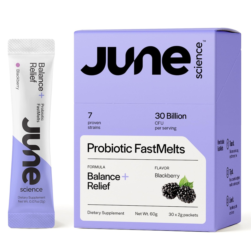 Balance + Relief • 124; Fast smelte Pre + Probiotisk for Mood & Stress - BlackBerry Flavor, 30 Powder Sachets