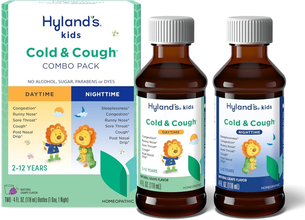 Hyland 's Kids Cold and Hough, Day and Night Combo Pack, Cold Medicine for Age 2 and up, Grape Flavor Syrup Hough Medicine for Kids, Nasal Decongestant, 4 Fl Oz (Pack of 2)