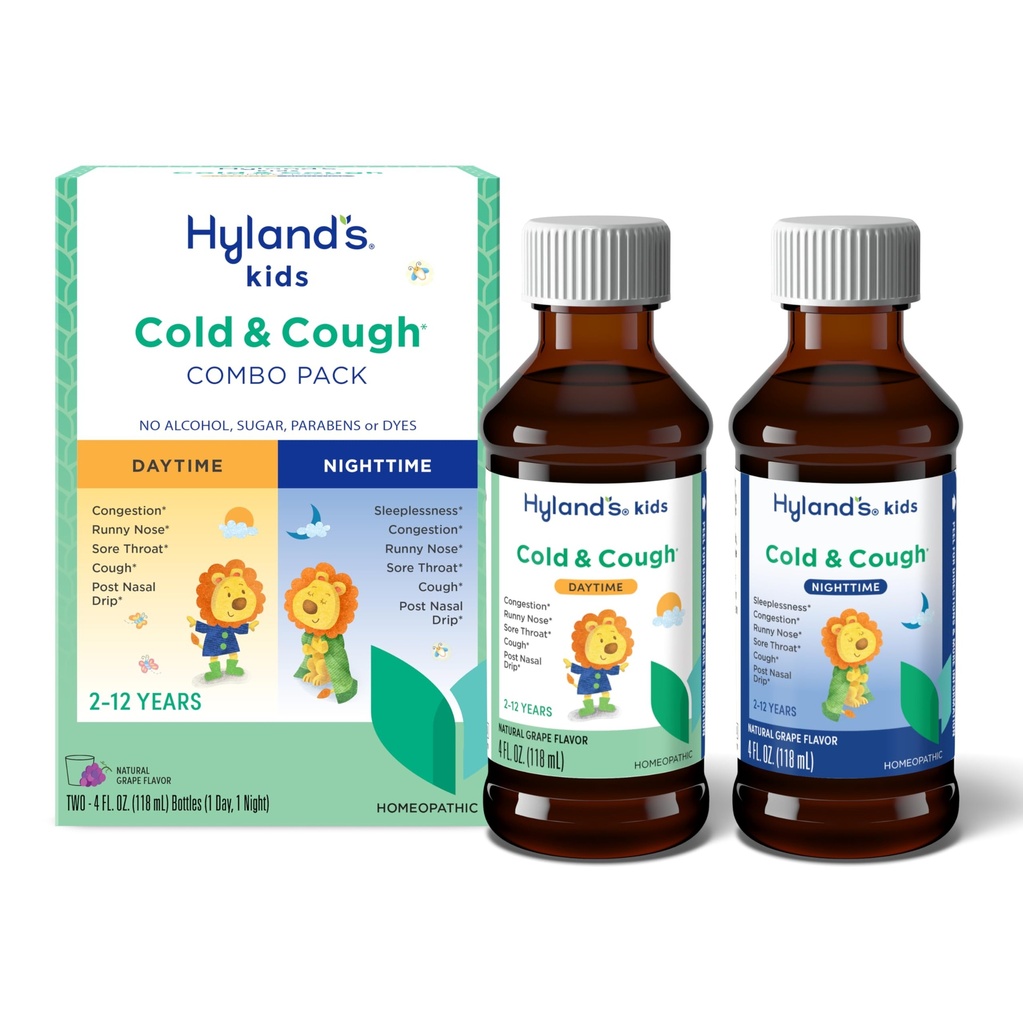 Hyland 's Kids Cold and Hough, Day and Night Combo Pack, Cold Medicine for Age 2 and up, Grape Flavor Syrup Hough Medicine for Kids, Nasal Decongestant, 4 Fl Oz (Pack of 2)