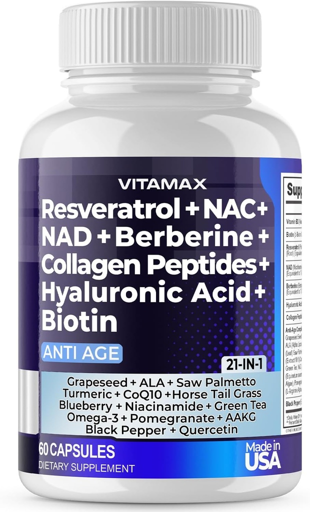 Resveratrol NAD + Berberine Hyaluronic Acid - Biotin Grape & Blåbær + NAC - Collagen Peptider - hår, negle, hud & fælles tillæg - 21-in-1 Kvinder og mænd - Made in USA (60 Greve (pakke med 1)
