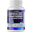 Resveratrol NAD + Berberine Hyaluronic Acid - Biotin Grape & Blåbær + NAC - Collagen Peptider - hår, negle, hud & fælles tillæg - 21-in-1 Kvinder og mænd - Made in USA (60 Greve (pakke med 1)