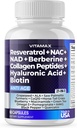 Resveratrol NAD + Berberine Hyaluronic Acid - Biotin Grape & Blåbær + NAC - Collagen Peptider - hår, negle, hud & fælles tillæg - 21-in-1 Kvinder og mænd - Made in USA (60 Greve (pakke med 1)
