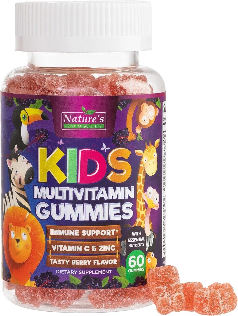 Multivitamin til børn - Komplet daglige børns Multi Vitamin Gummies med D-vitamin, B-vitaminer, zink & mere - Energi, Memory Focus & immunforsvar - Natural Berry Flavor Chew - 60 Gummies