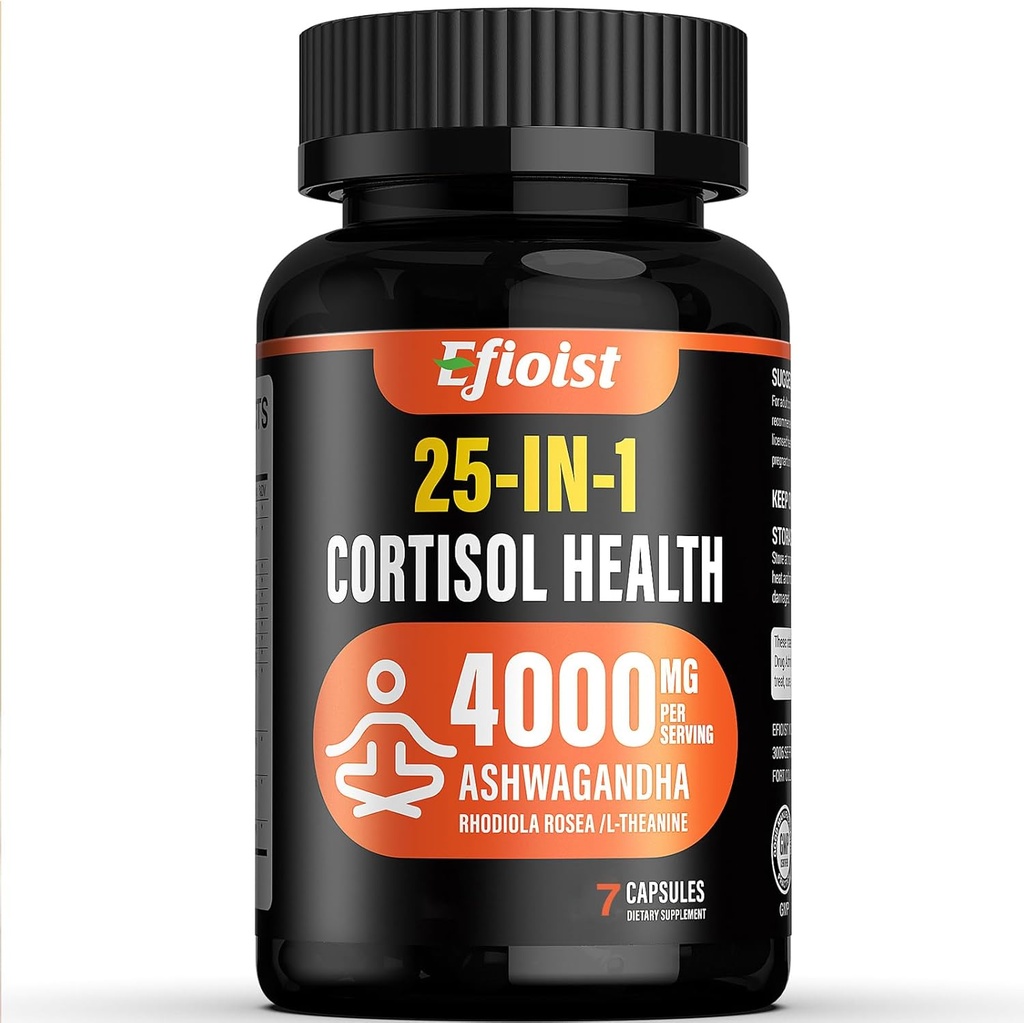 Cortisol Health Supplement, 25- in-1 Cortisol Reducer for kvinder & mænd, Cortisol Kosttilskud til med Ashwagandha, Rhodiola Rosea, L- Theanin, 7 Kapsler
