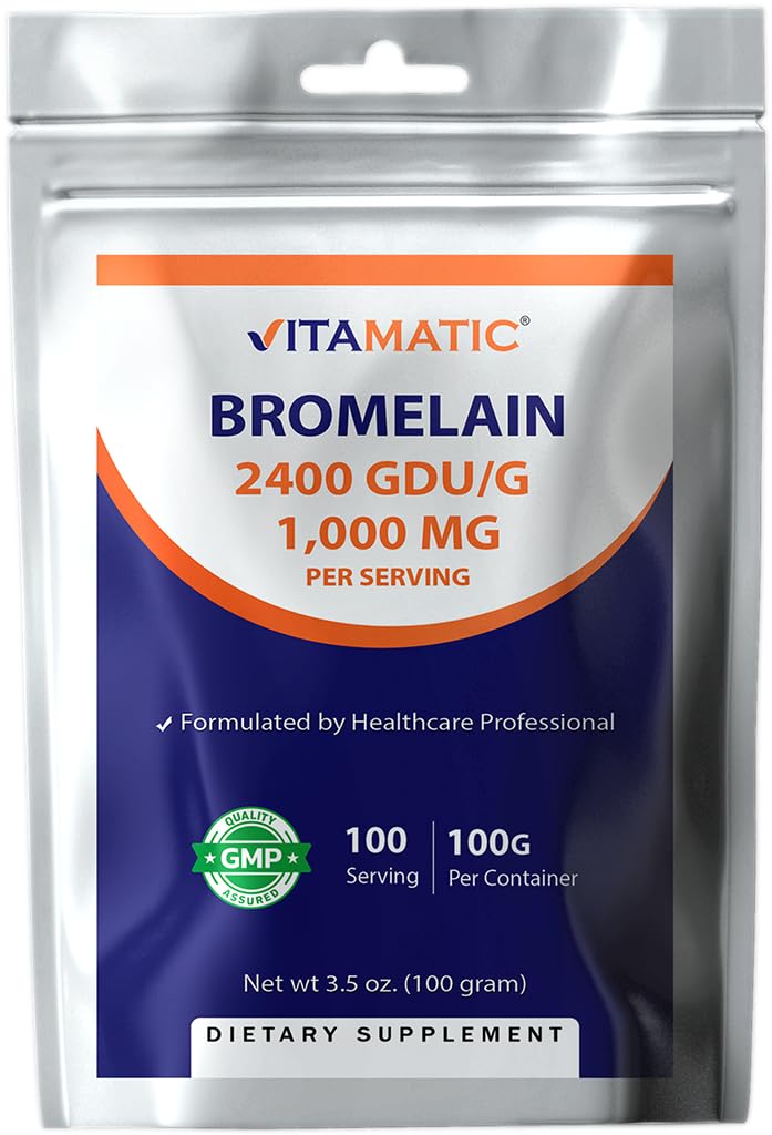 Vitamatic Bromelain Powder 1000mg per servering - 2400 GDU / g, Proteolytiske enzymer, understøtter fordøjelse af proteiner, 100 Bedste - 100 Servering (Scoop inkluderet)