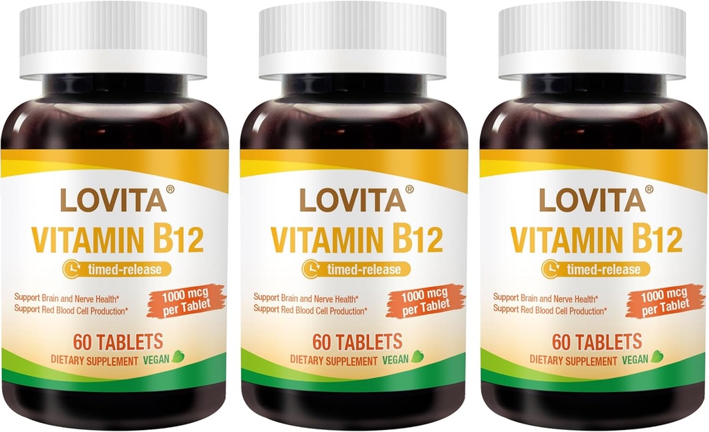 Lovita Vitamin B12 1000 mcg (B12 Vitamins as Cyanocobalamin), Timed Release B12, Vegan-Friendly, Supports Nervous System, 60 Vegetarian Tablets (2 Month Supply) (Pack of 3)