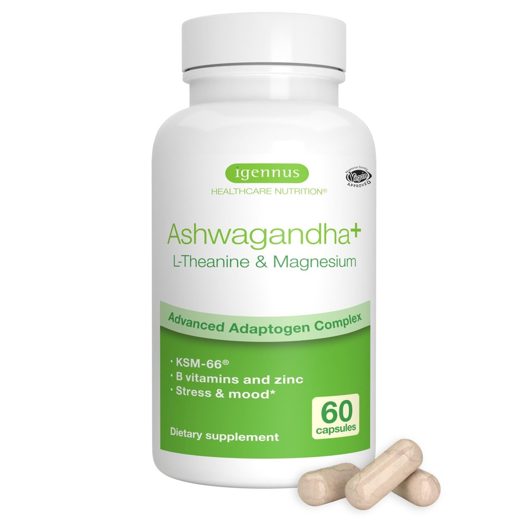 Igennus High Strength Ashwagandha Stress Relief Complex, L- Theanine & Magnesium & KSM- 66 Root Extract Adaptogens, Methylerede B-vitaminer, Ro & søvn support, Clean Label, 60 hurtige fungerende kapsler