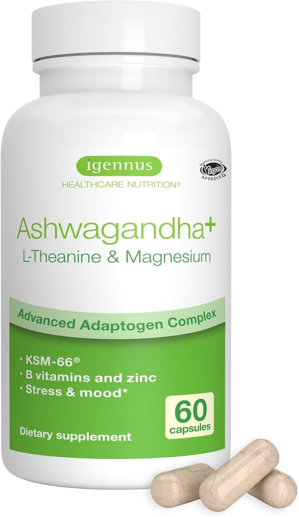 Igennus High Strength Ashwagandha Stress Relief Complex, L-Theanine & Magnesium & KSM-66 Root Extract Adaptogens, Methylated B Vitamins, Calm & Sleep Support, Clean Label, 60 Fast Acting Capsules