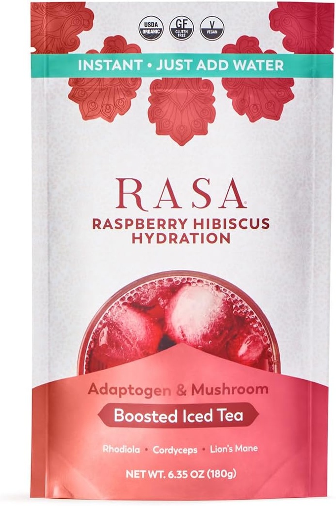 Rasa Raspberry Hibiscus Hydration- 124; Økologisk Boostet Iced Tea med adaptogener og champignoner - 124; Gluten- fri, Premium Electrolyte Powder Drink Mix, Genopfriskende Hydrering (6 oz / 24 Servering)