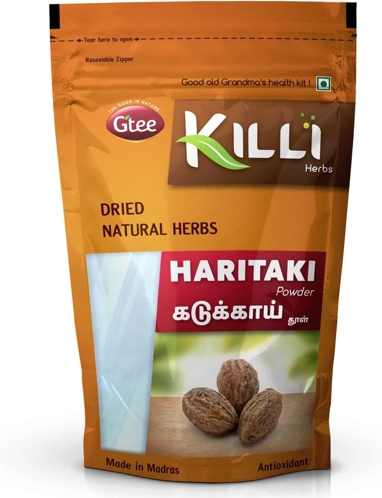 KILLI Haritaki konsekvente 124; Kadukkai sygdom 124; Myrobalan sygdom 124; Karakkaya sygdom 124; Terminalia chebula sygdom 124; Harad Powder, 100g