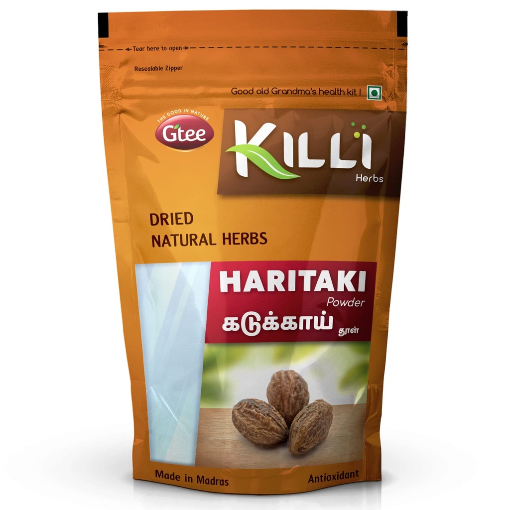 KILLI Haritaki konsekvente 124; Kadukkai sygdom 124; Myrobalan sygdom 124; Karakkaya sygdom 124; Terminalia chebula sygdom 124; Harad Powder, 100g