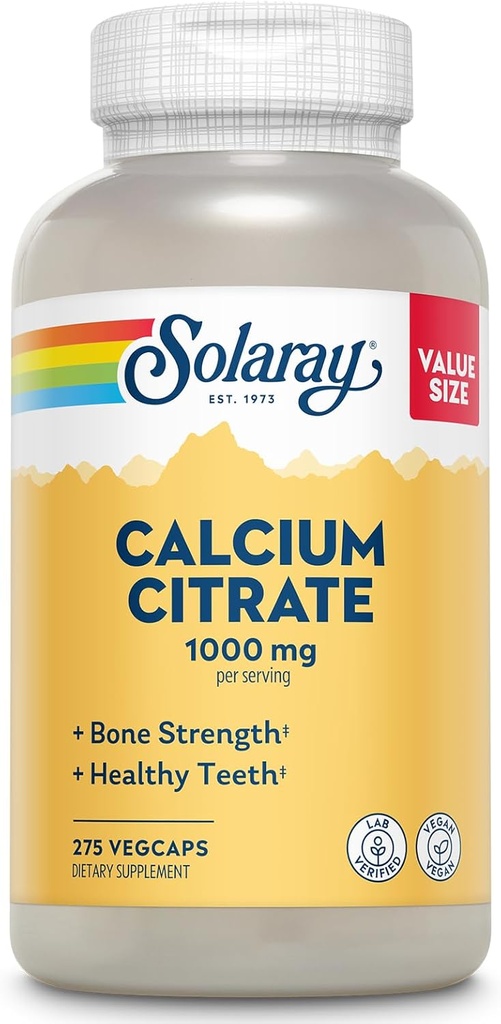 Solaray Calcium Citrate 1000mg - Chelated Calcium Supplement - Understøtter Knoglestyrke og sunde tænder - Nem til det daglige - 60- dag garanti, Vegan - 68 Servere, 275 VegCaps