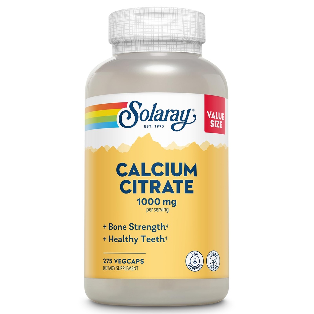 Solaray Calcium Citrate 1000mg - Chelated Calcium Supplement - Understøtter Knoglestyrke og sunde tænder - Nem til det daglige - 60- dag garanti, Vegan - 68 Servere, 275 VegCaps