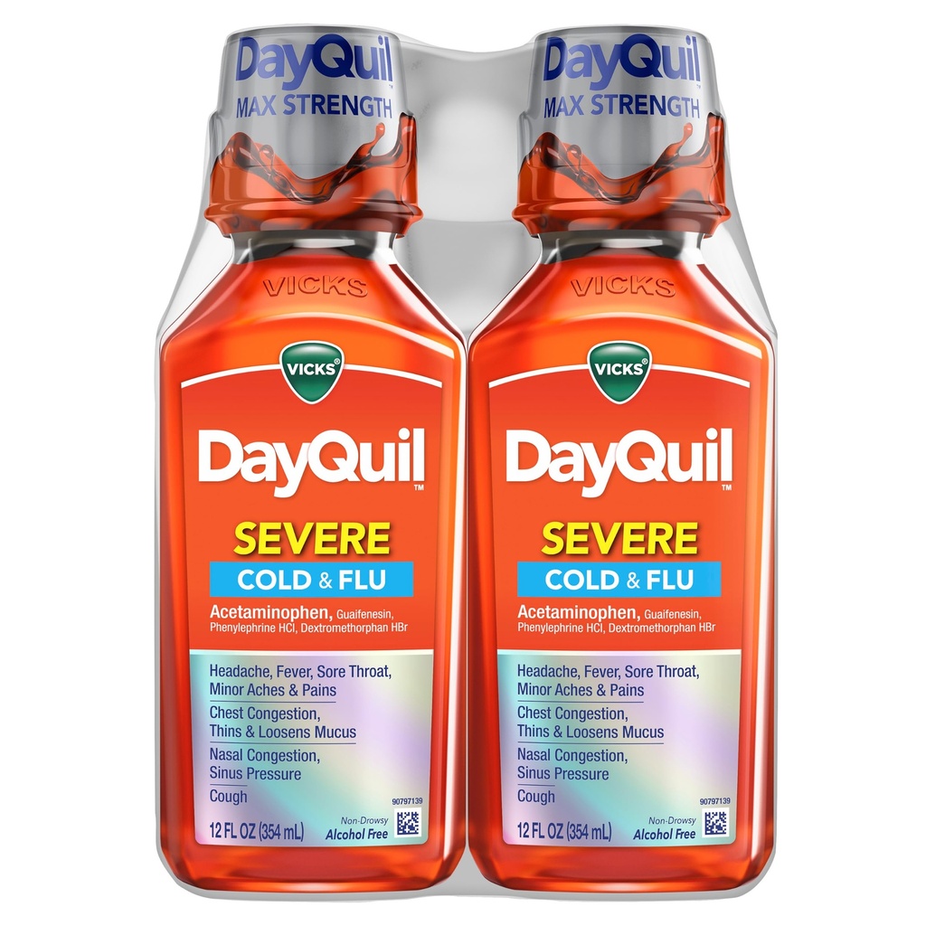 Vicks DayQuil Svær Cold & Flu Liquid Medicine, Daytime Relief for Hovedpine, Fever, Sore Throat, Minor Aches & Pains, Chest Congestion, Stuffy Nose, Nasal Congestion, Sinus Pressure, & Hough, 2x12oz