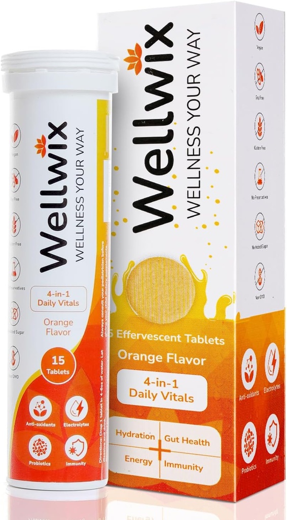 4-in-1 Daily Vitals for Wellness - Elektrolyter, Immunitet, Antioxidanter og Probiotika. C-vitamin 1000 mg, natrium 200 mg, kalium 100 mg, vitamin D3, B12 og mere. Brusetabletter