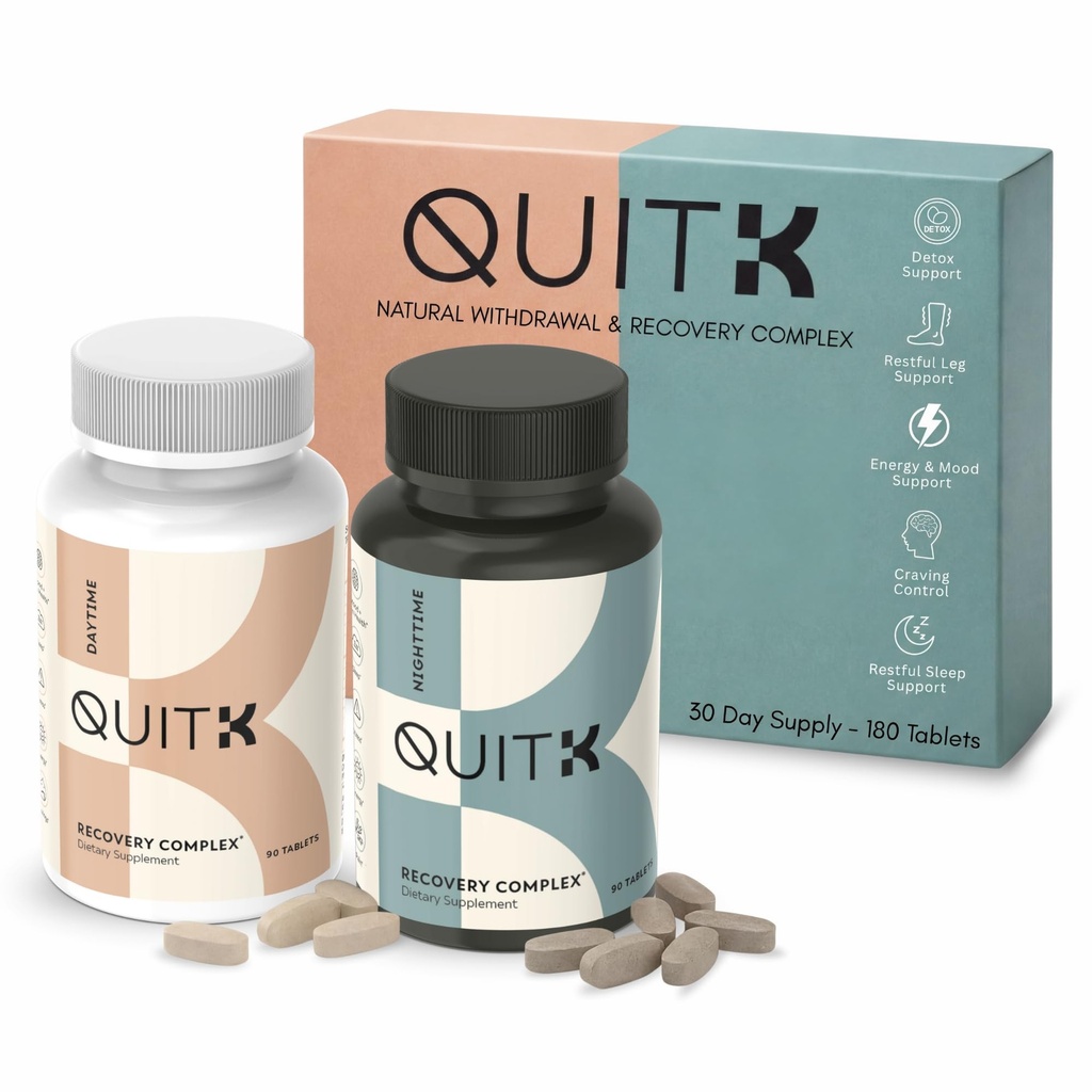 Tilbagetrækning og Detox support - QuitK Recovery Complex - Søvn, Energi, Stress, Mood, & Craving Support - Dagligt tillæg - Magnesium Glycinate, Ashwagandha, GABA, L-Theanine, Agmatine & Mere