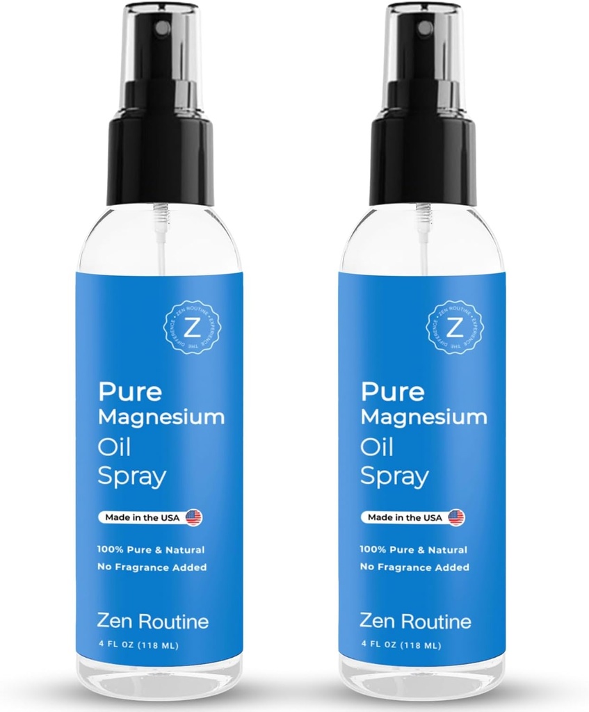 Pure Magnesium Oil Spray - 4oz (2 Pack) Organic USP Grade, Tematisk Magnesium Spray til Feet, Leg kramper, Vægt Management, Aceite de Magnesio, Natural Salt & Ancient Minerals - Made in The USA