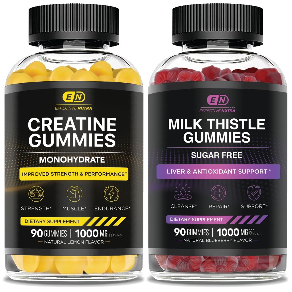 EFFEKTIV NUTRA Creatinine Monohydrat Gummies 90ct & Sugar Free Milk Thistle Gummies 90ct
