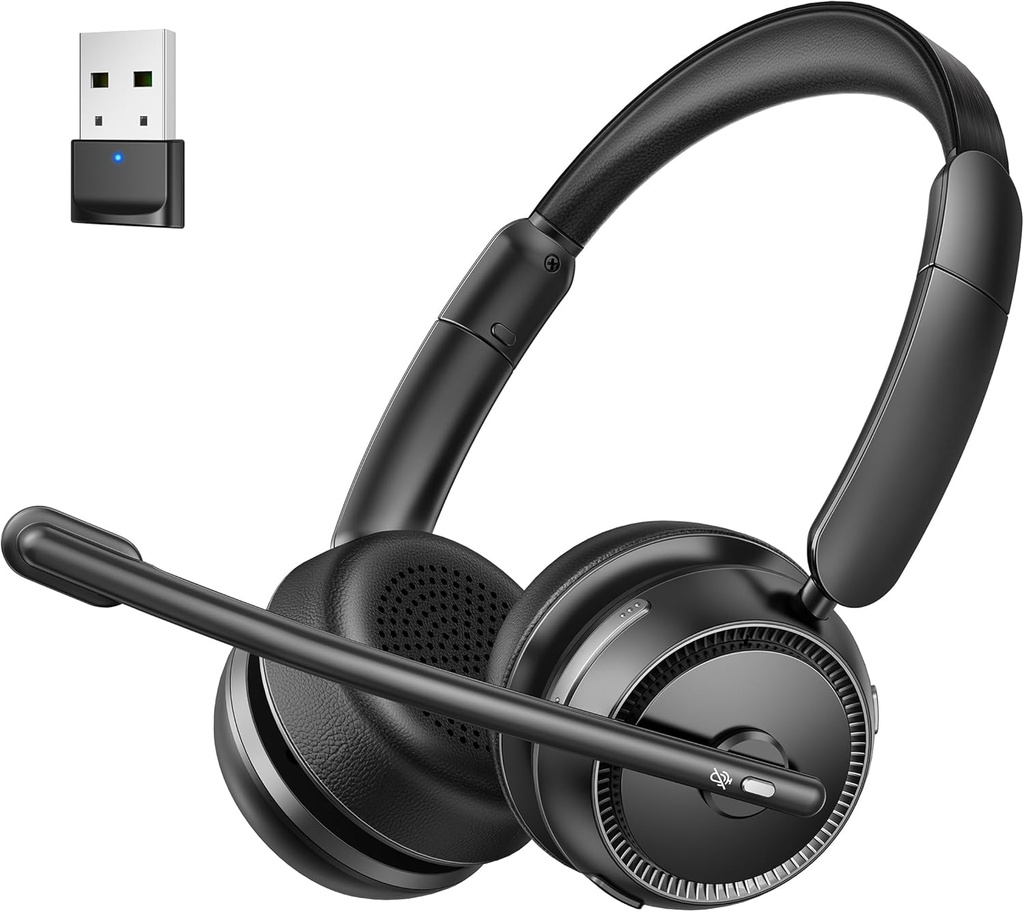 Bluetooth Headset med AI Støj Annullering Mikrofon, Stereo HiFi Bluetooth Headset, Trådløs Headset med USB Dongle til Computer Office Call Center Skype Zoom Meeting Trucker