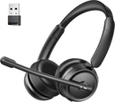 Bluetooth Headset med AI Støj Annullering Mikrofon, Stereo HiFi Bluetooth Headset, Trådløs Headset med USB Dongle til Computer Office Call Center Skype Zoom Meeting Trucker
