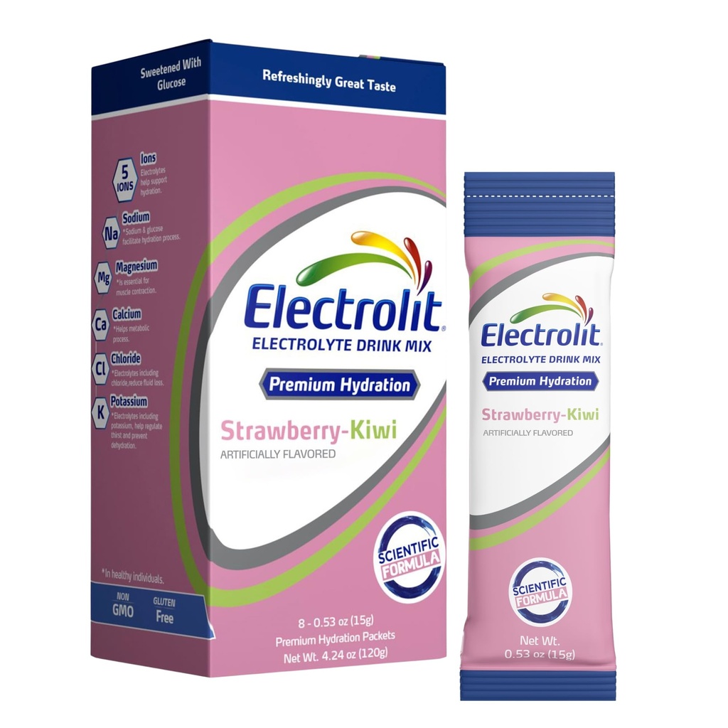 Elektrolyter Powder Pakker, Jordbær Kiwi 8 Pack, Pulveriserede Hydration Pakker til Dehydrering & Rehydrering, Post Workout Flavored Hydrating Drink Mix, Gluten Free Water Enhancer Sticks