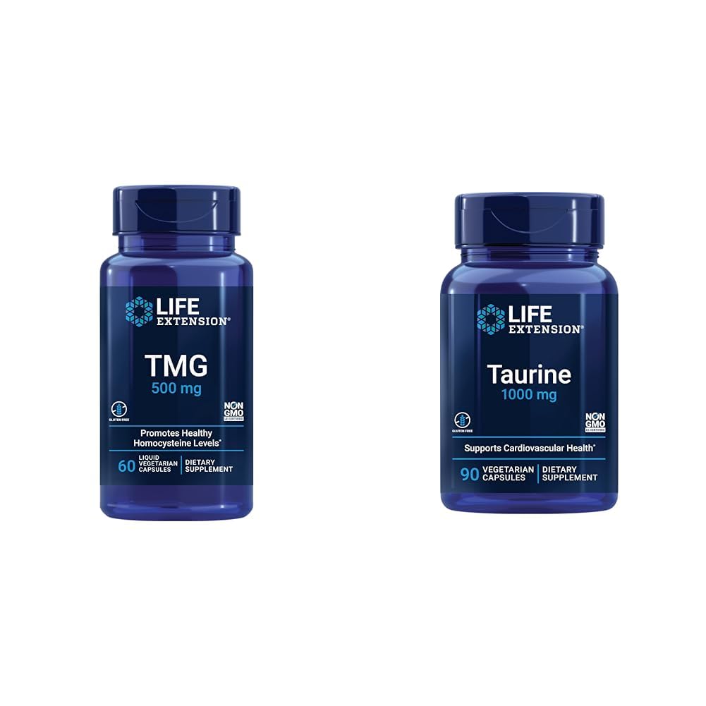 Life Extension TMG 500 mg and Taurine 1000 mg Supplement Bundle - 60 Liquid Vegetarian Capsules and 90 Vegetarian Capsules