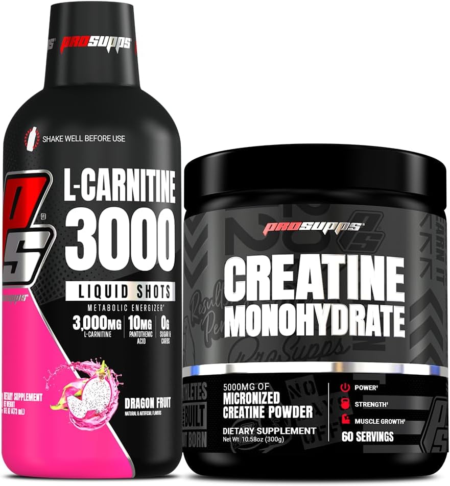 PROSUPPS L- Carnitin 3000 Stimulant Free Liquid Shots (31 Servere, Dragon Fruit) og Creatin 300 Monohydrat (60 Servere) Bundle