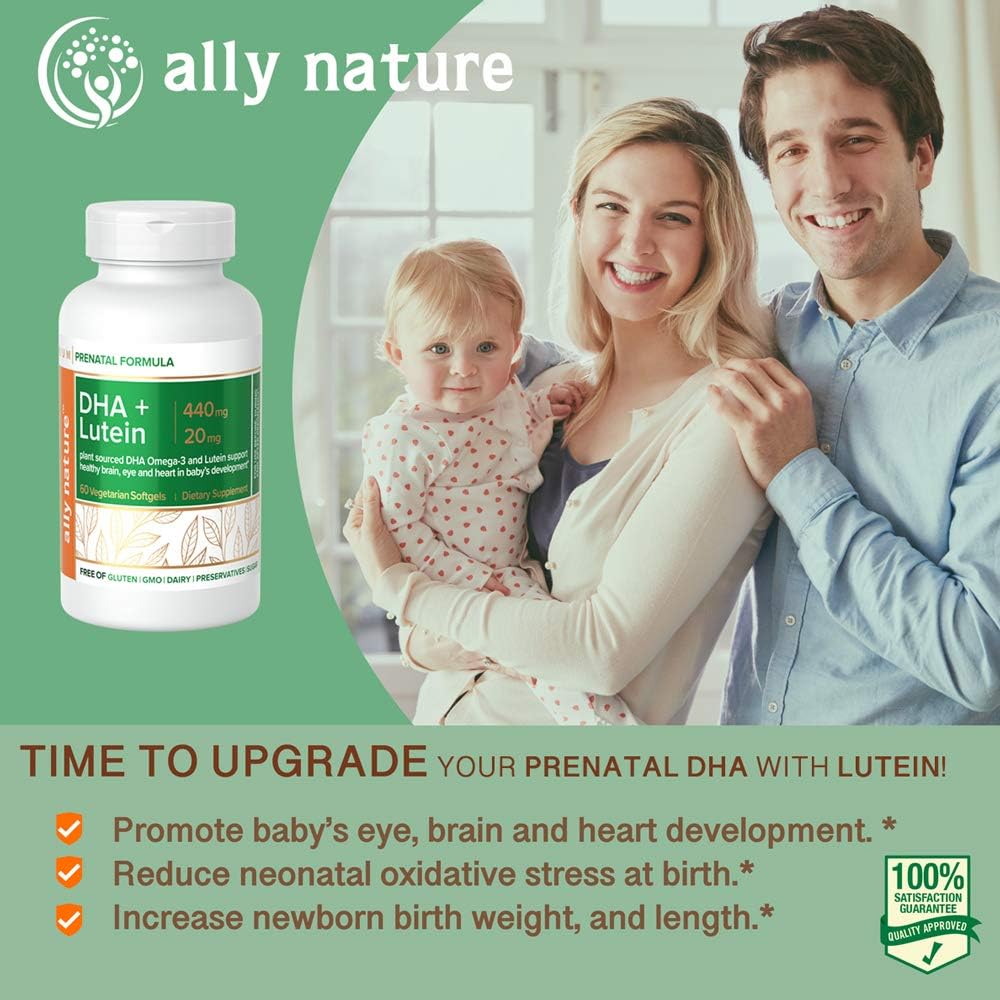 Vegansk prenatal DHA 440mg - Lutein 20mg til graviditet - ikke-GMO prenatal multivitamin til gravide kvinder - støtte sund hjerne, øje og hjerte i barnets udvikling - 60 Softgels