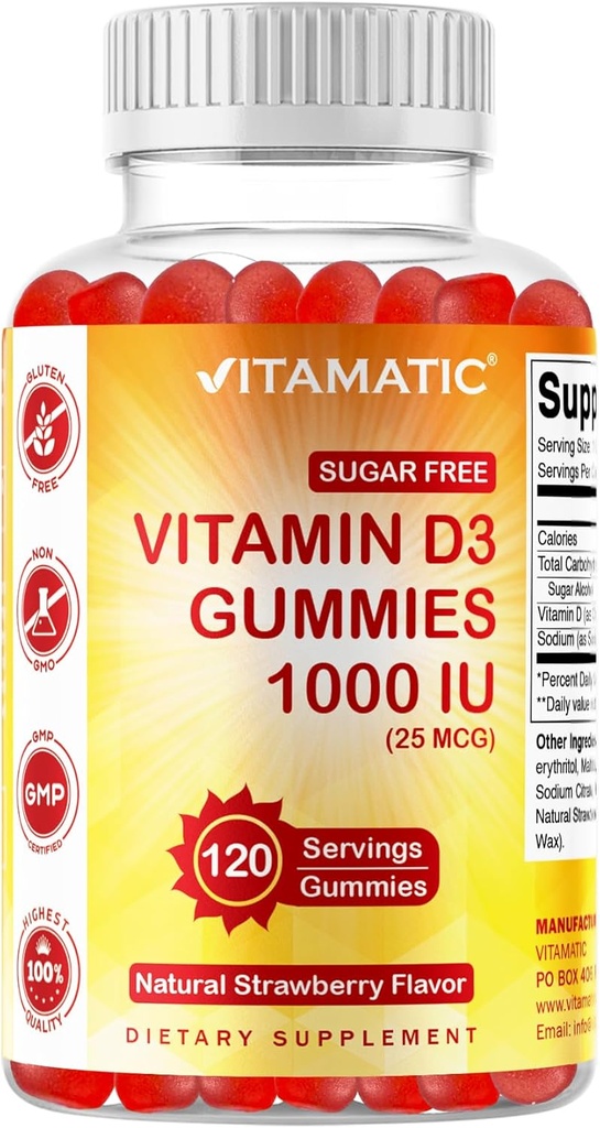 Vitamatisk sukker gratis vitamin D3-120 Pectin baserede gumies - Great Taste - Sunde knogler, Mood & Immunsystemet funktion - Non-GMO - 120 Servere (1000 IE)