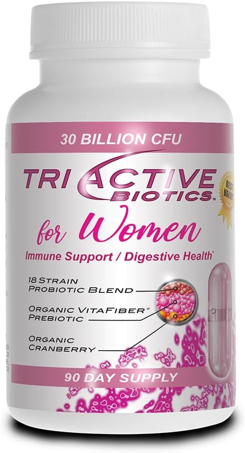Essential Source Triactive Biotics for Women - Probiotika til kvinder med 18 Staints, Organic VitaFiber Prebiotic & Cranberry til fordøjelsesstøtte, immunforsvar, urinveje, vaginal sundhed - 90 kapsler