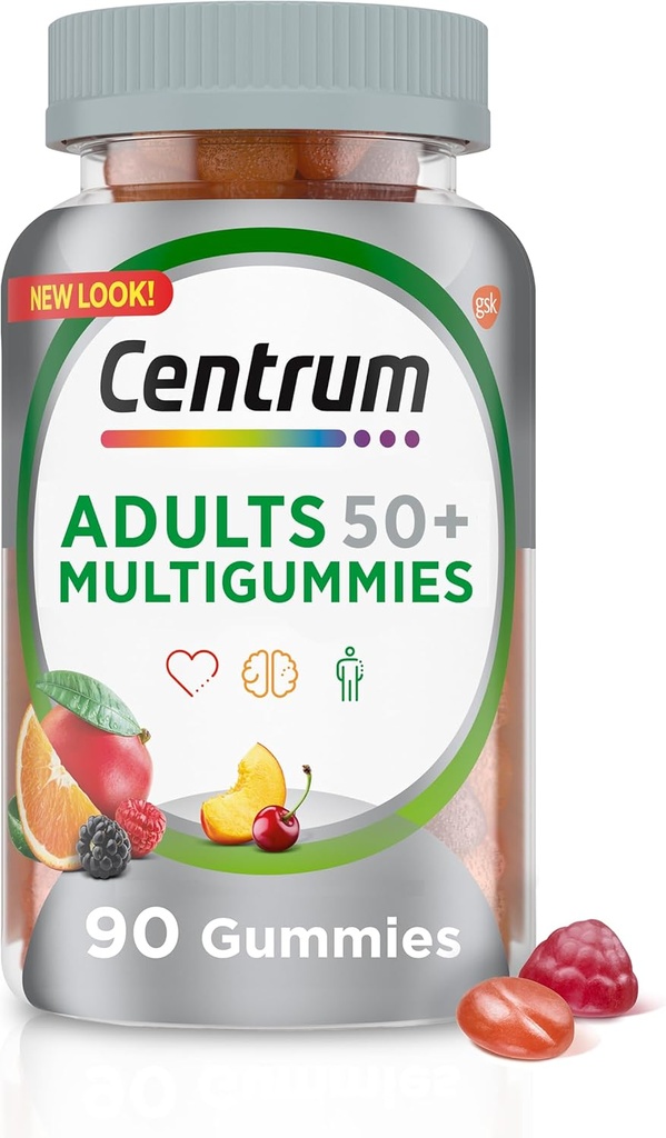 Centrum MultiGummies Gummy Multivitamin til voksne 50 Plus, Multivitamin / Multimineral Supplement med Calcium, Zink og Vitamin B og D, Assorted Fruit Flavor - 90 Greve