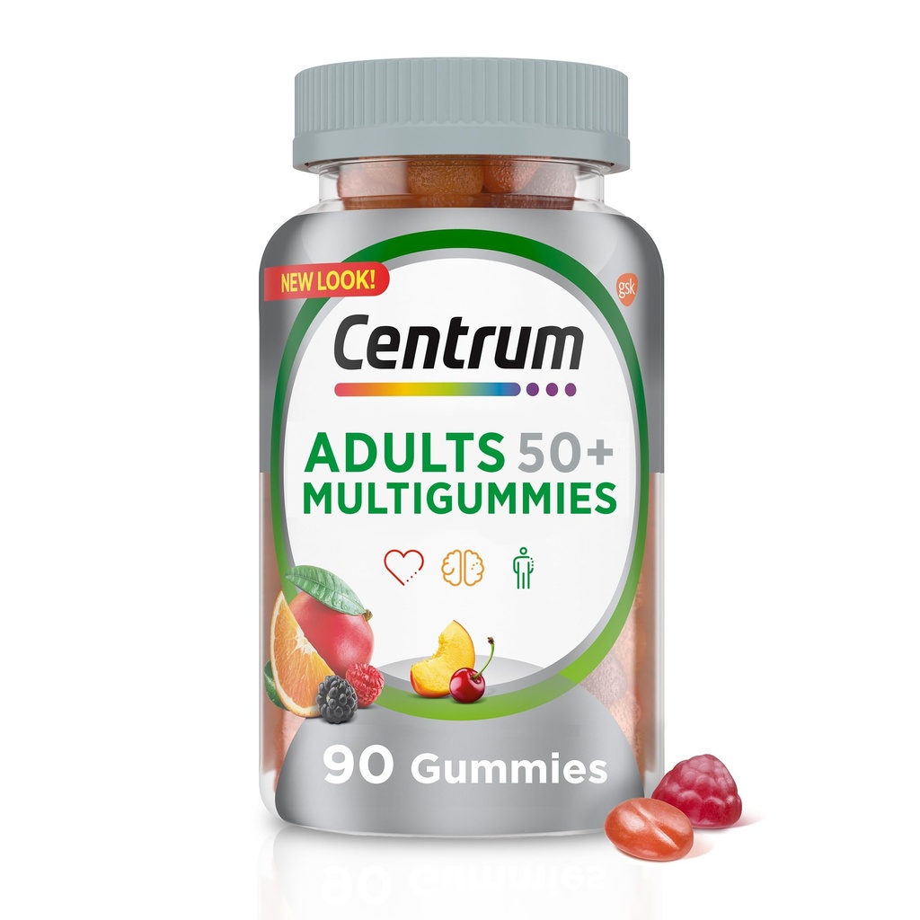 Centrum MultiGummies Gummy Multivitamin til voksne 50 Plus, Multivitamin / Multimineral Supplement med Calcium, Zink og Vitamin B og D, Assorted Fruit Flavor - 90 Greve