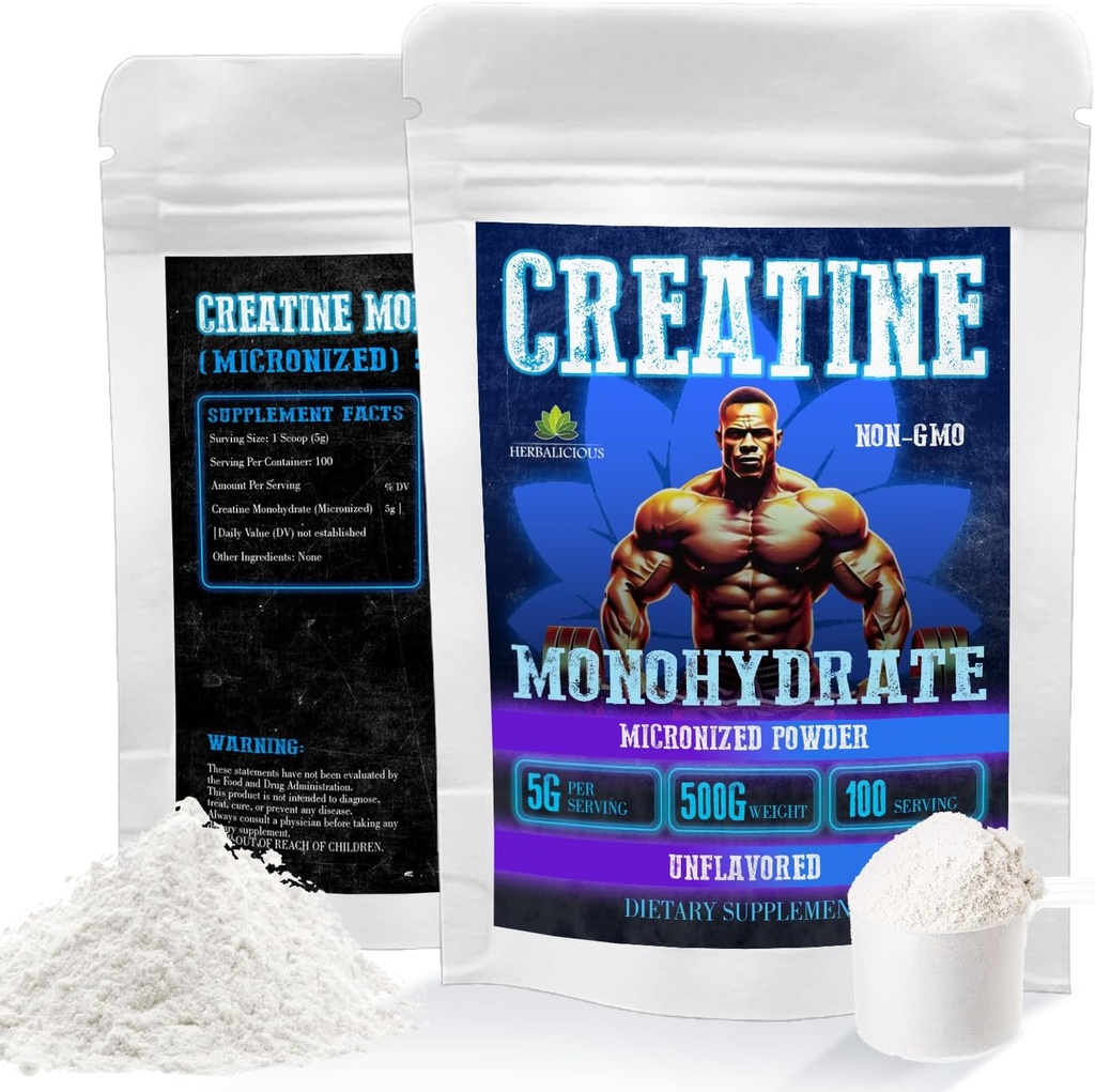 HERBALICIOUS Creatin monohydrat mikroniseret pulver - 5g per servering for styrke, magt, og ydeevne - Unflavored, non-GMO formel - 100 Servering, 500g
