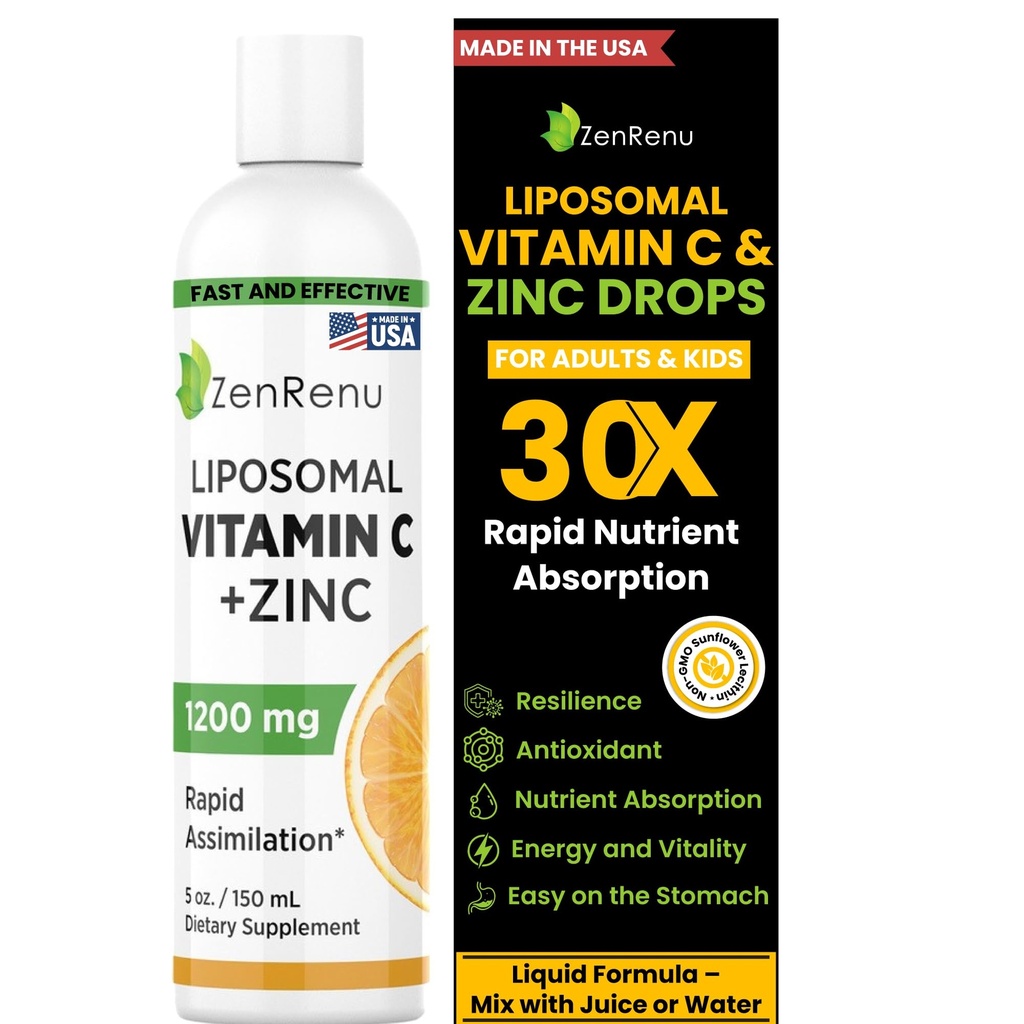 Zenrenu Liposomal C-vitamin og zink flydende drik til voksne & børn - Ikke GMO solsikke Lecithin - Max Antioxidant & immunforsvar, 5 oz / 150 ml