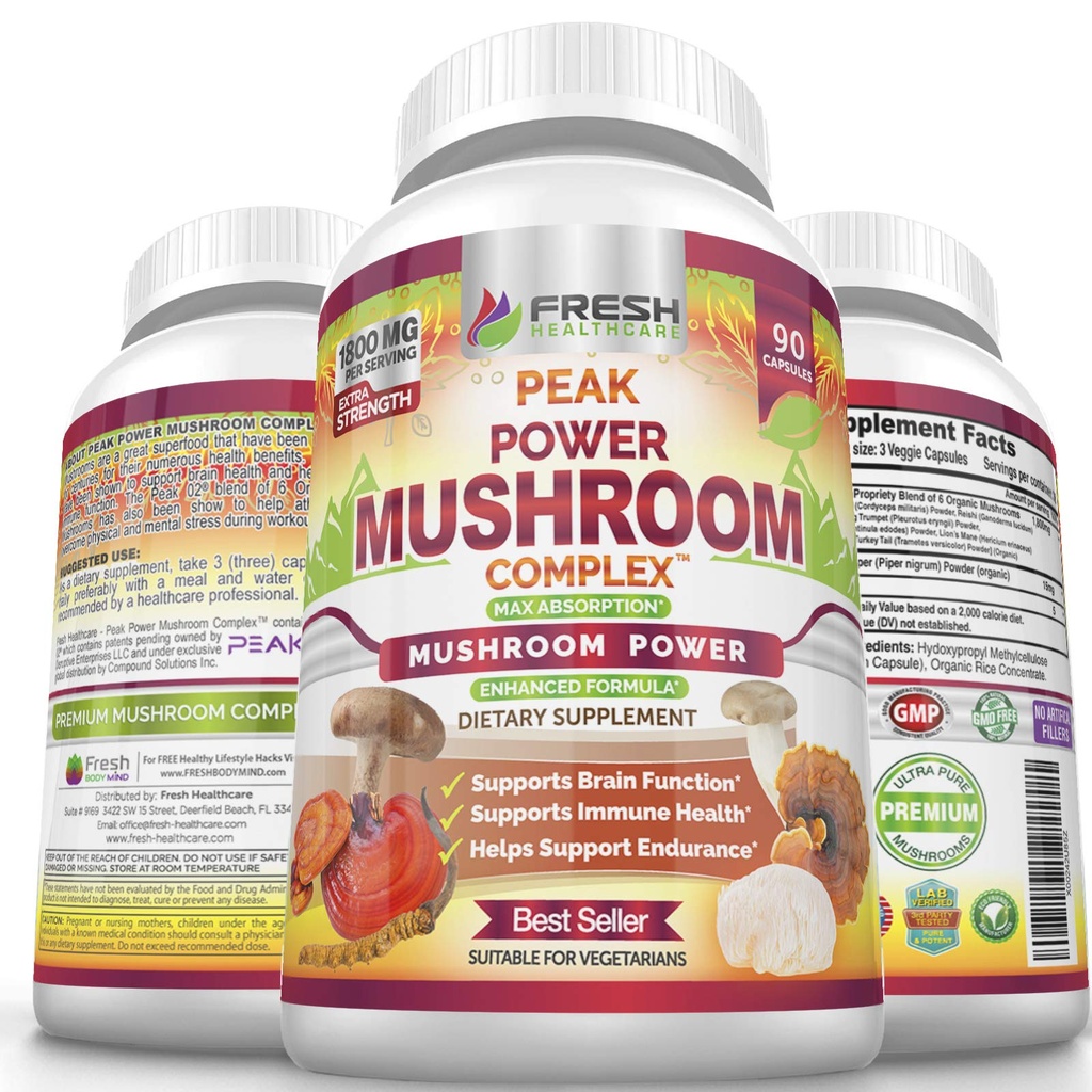 FRESH METHCARE Mushroom Supplement - Lions Mane, Cordyceps, Reishi, Tyrkiet Hale, og shitake - Immun og hjerne Support - Peak Power Mushroom Supplement - 90 Vegansk Kapsler