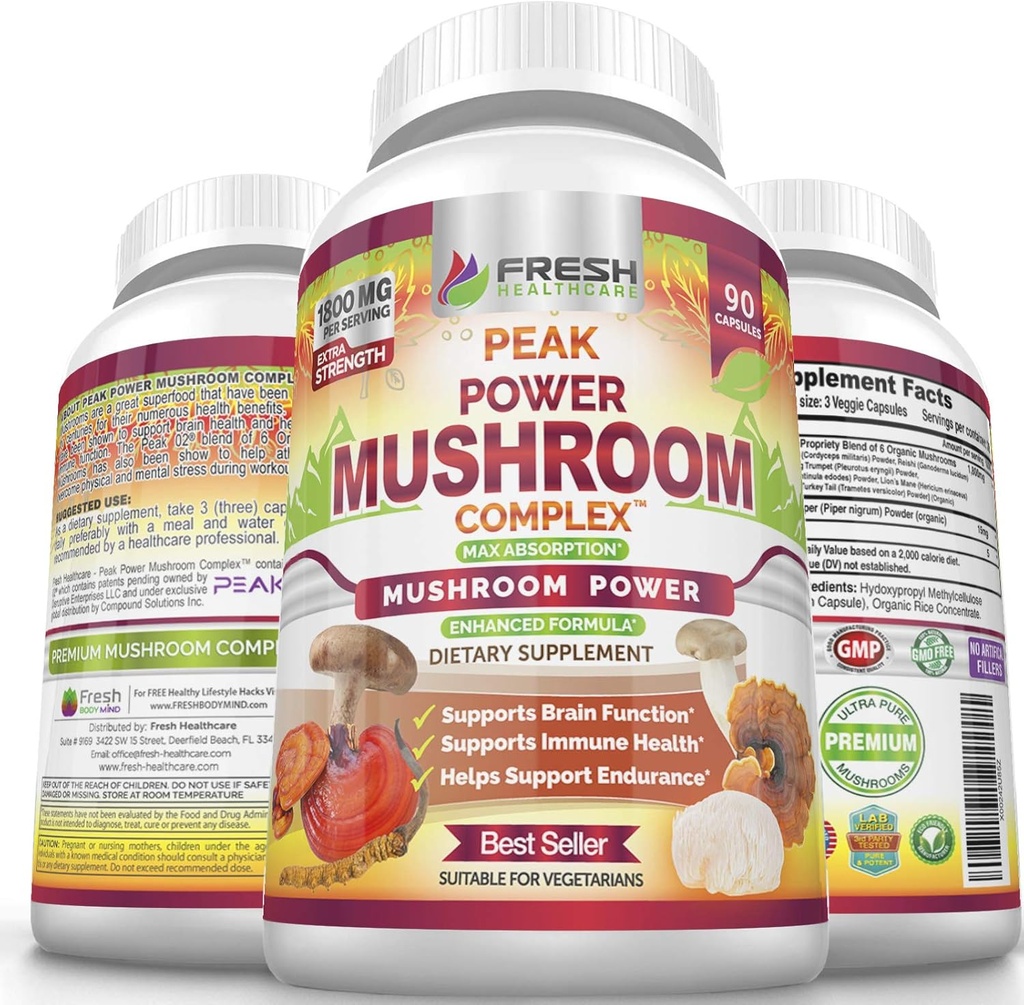 FRESH METHCARE Mushroom Supplement - Lions Mane, Cordyceps, Reishi, Tyrkiet Hale, og shitake - Immun og hjerne Support - Peak Power Mushroom Supplement - 90 Vegansk Kapsler