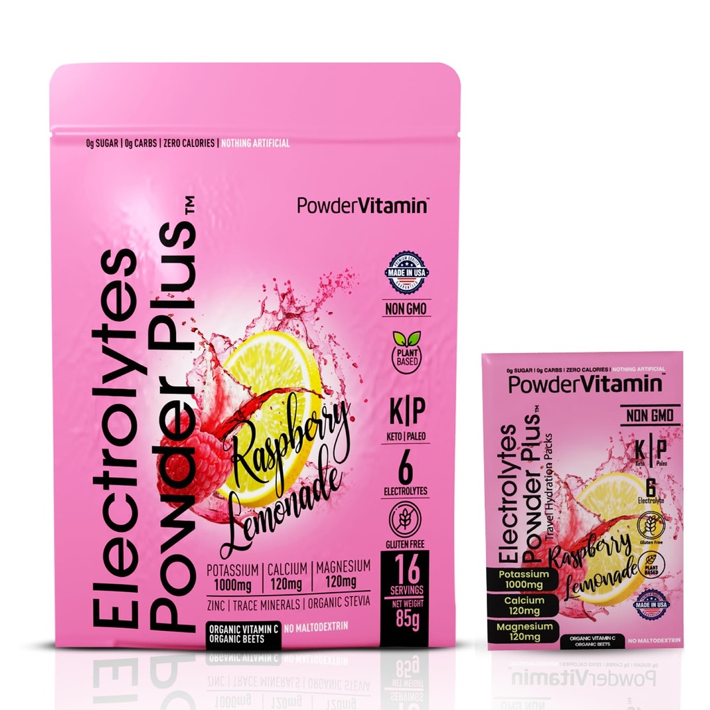 PowderVitamin Electrolytes Powder Plus, Keto, Raspberry Lemonade, Sugar Free, Pink Himalayan Salt, 1000mg Kalium, 120mg Calcium, 120mg Magnesium, Non- GMO, Zero Calories, (16 Hydrationspakker)
