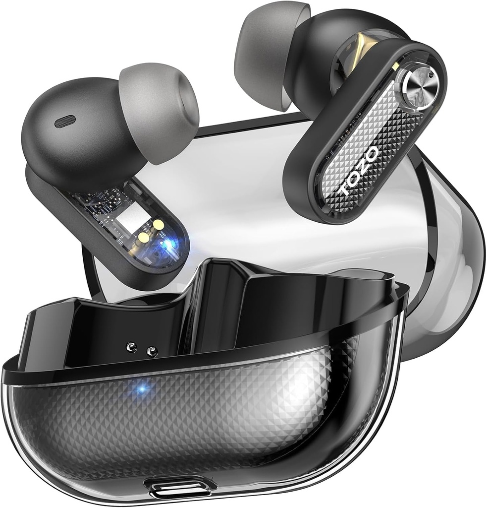 TOZO Crystal Pods Hybrid Aktiv Støj Annullering Trådløse Earbudons, 10mm drivere Deep Bass Stereo Sound, 4 Mics Smart ENC AI opkald, 32 EQ via App, Bluetooth 5.4 Hovedtelefoner, Crystal Case Design